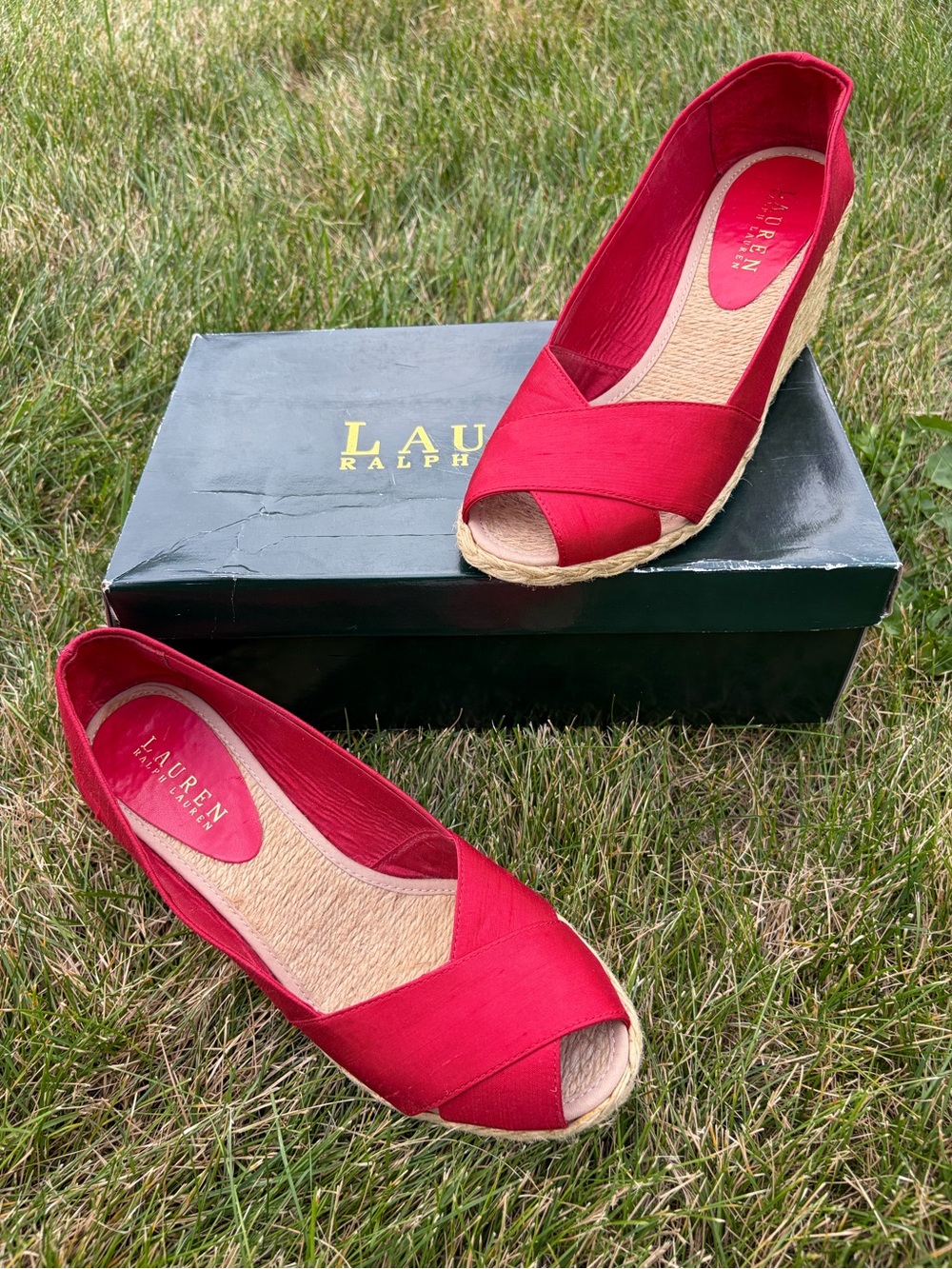 Ralph Lauren Cecilia Silk Shantung & Jute Peep Toe Sandals in Original Box- 8.5